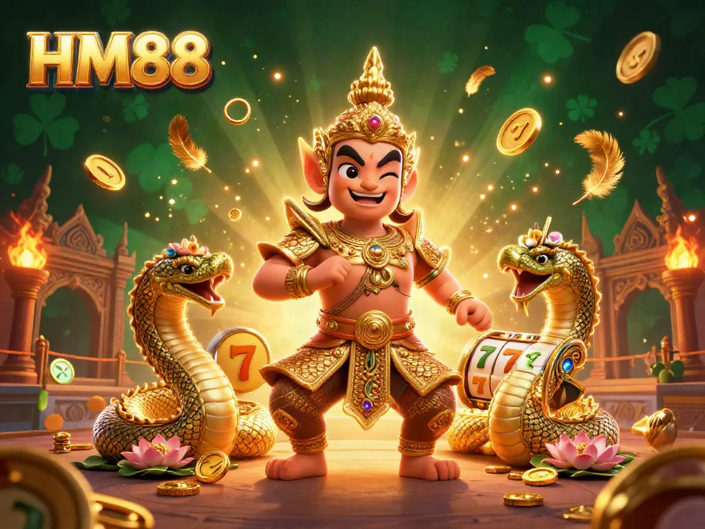 Experience vibrant gameplay at HM88 with a guardian and Naga in a dynamic 3D digital casino scene.
