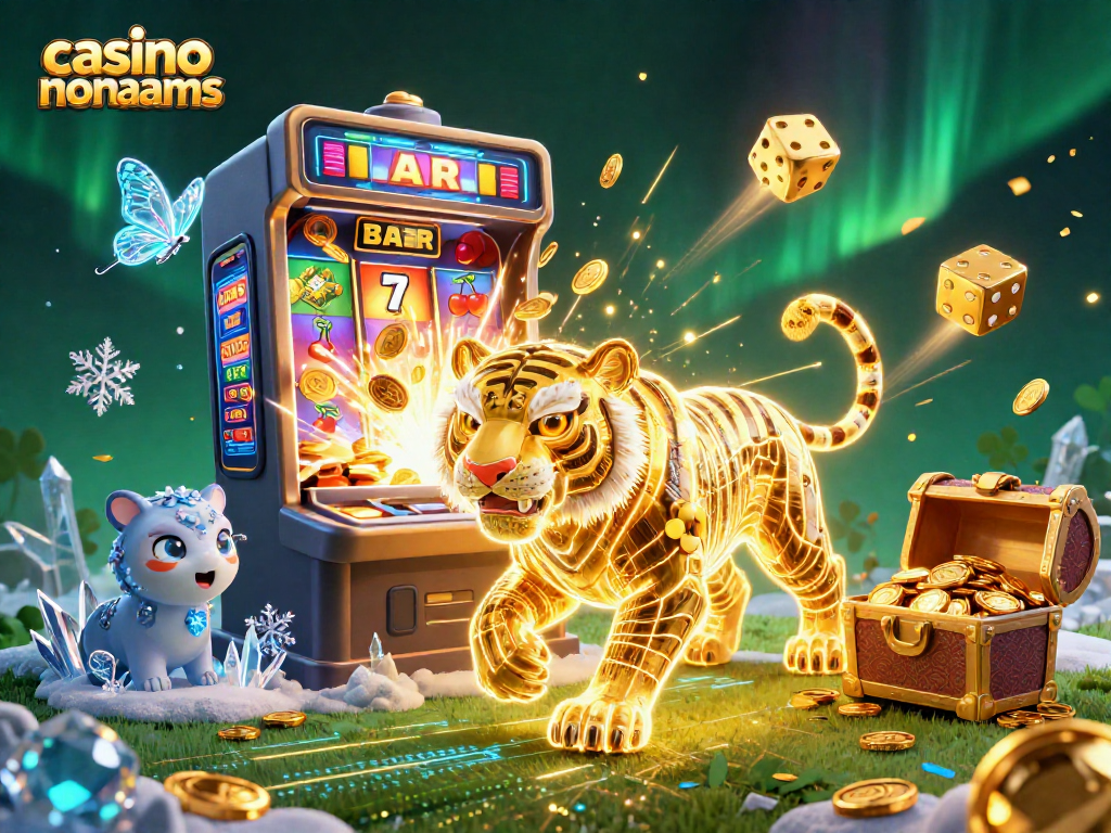 Il tigre dorato di casino non AAMS vaga in un paesaggio digitale ricco di slot, fuochi d'artificio e monete d'oro.