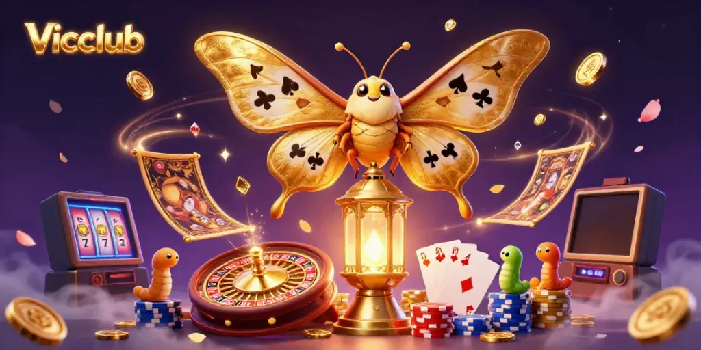 Engaging casino experience with Vicclub, showcasing a vibrant moth symbol amidst golden gaming elements.