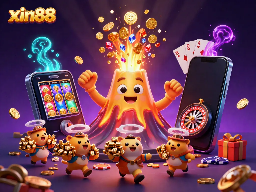 Experience thrilling wins at xin88 with vibrant casino scene featuring coins, games, and exciting treasures!