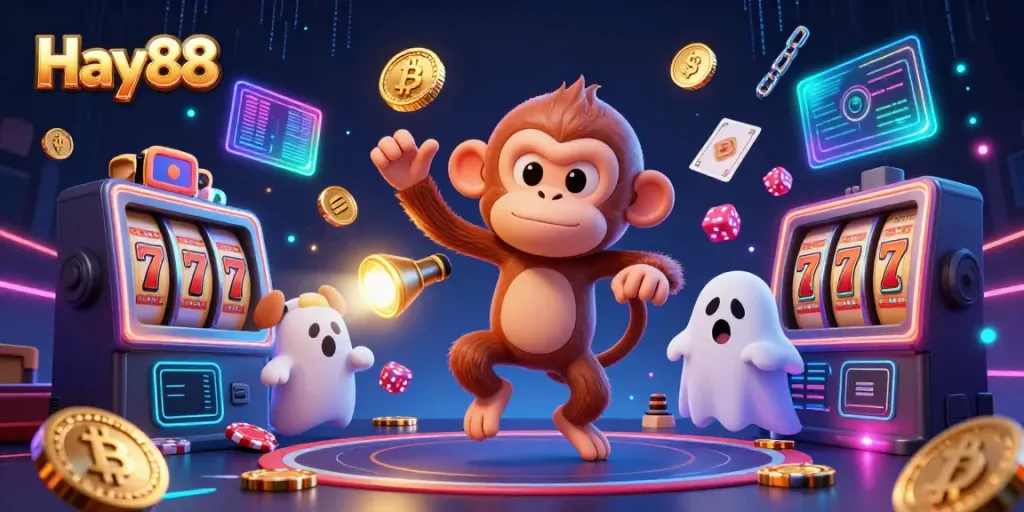Engage with Hay88's thrilling casino experience featuring a juggling poltergeist monkey and a curious puppy.