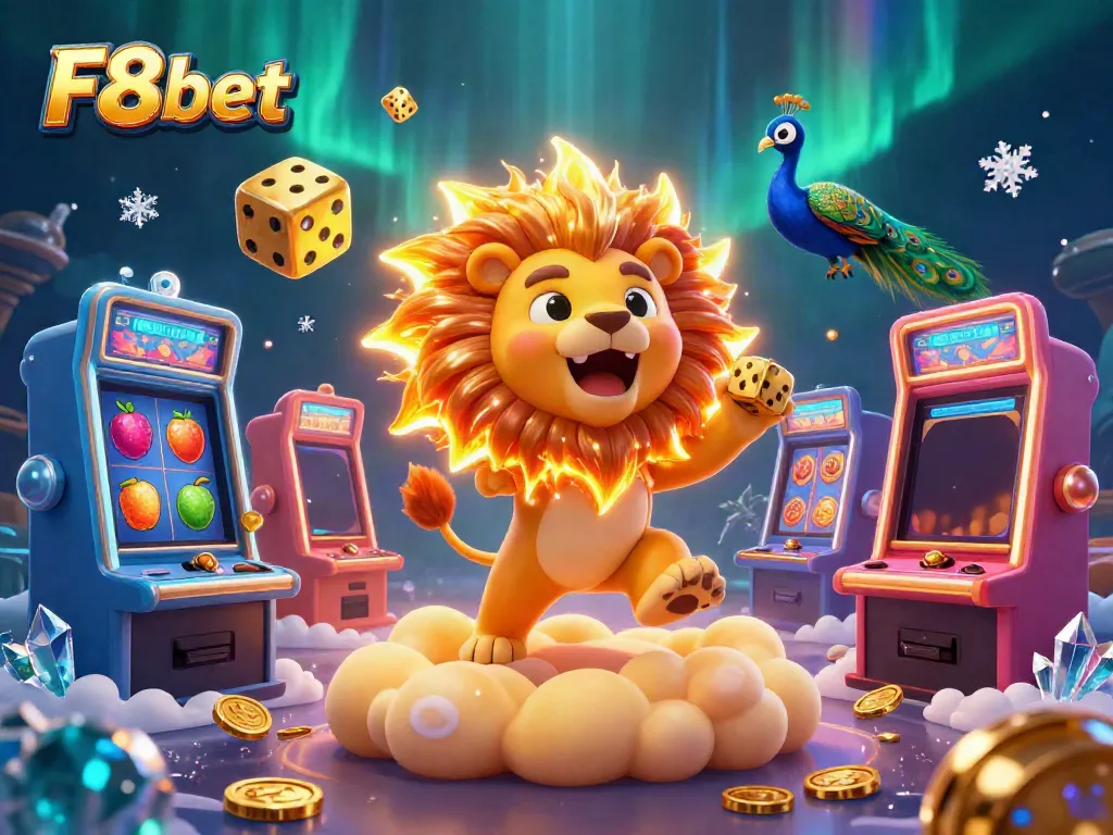 Join the fun at F8bet with vibrant 3D casino illustrations featuring gold coins and slot machines.