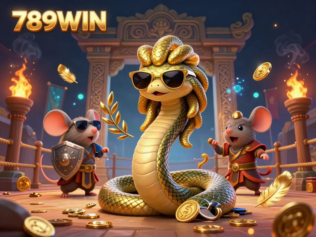 Watch 789WIN characters Medusa and a warrior mouse in an action-packed casino scene featuring vibrant elements.