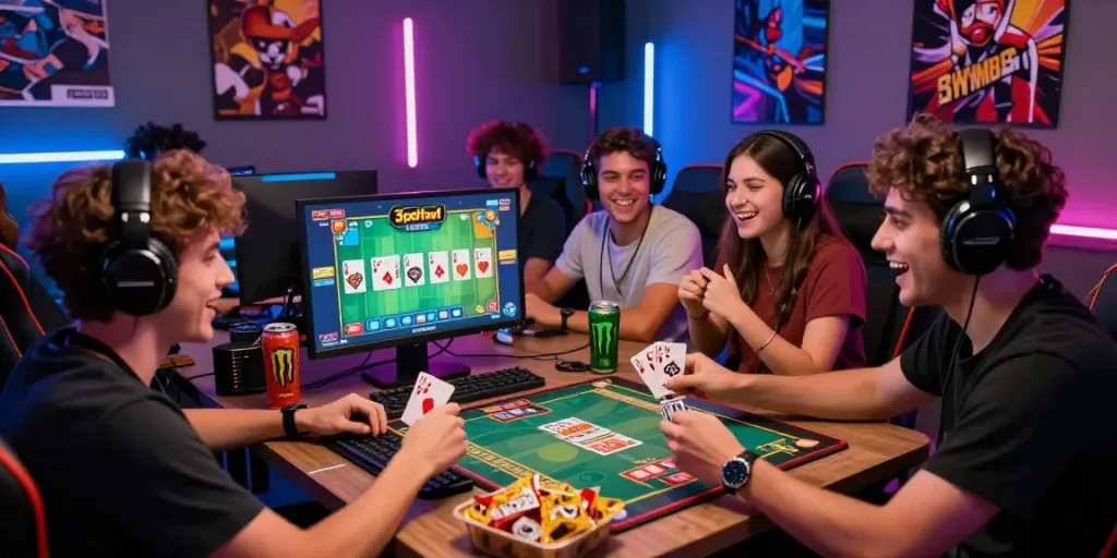 Group of friends playing 3 patti no1 online card game in a vibrant gaming room.