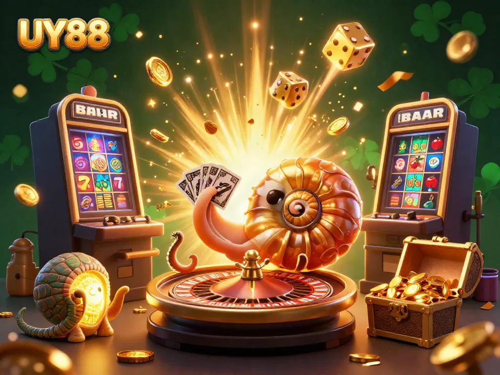 Experience excitement at UY88 with vibrant 3D casino illustration showcasing thrilling games and jackpots.