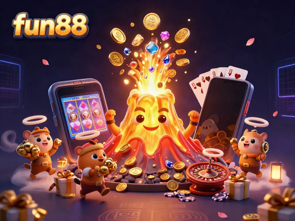 Experience fun88 with a triumphant golden volcano erupting treasures alongside a colorful slot game.