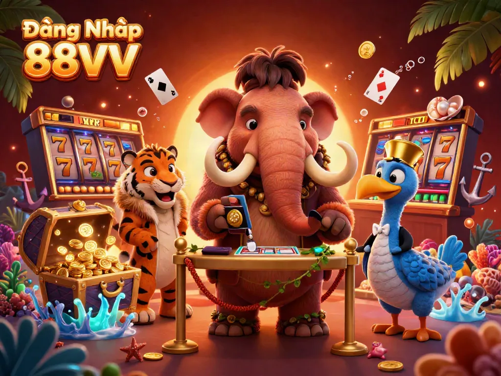 Experience the thrill of Đăng Nhập 88VV with a vibrant casino scene featuring a woolly mammoth bouncer and a saber-tooth tiger VIP.
