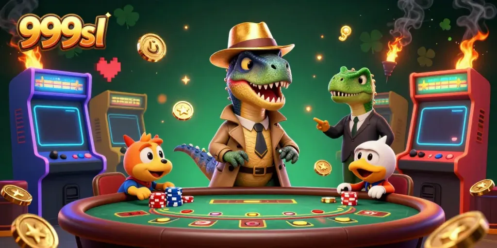 Seamlessly engaging with 999sl, a velociraptor card counter navigates a bustling blackjack table amid colorful arcade machines.
