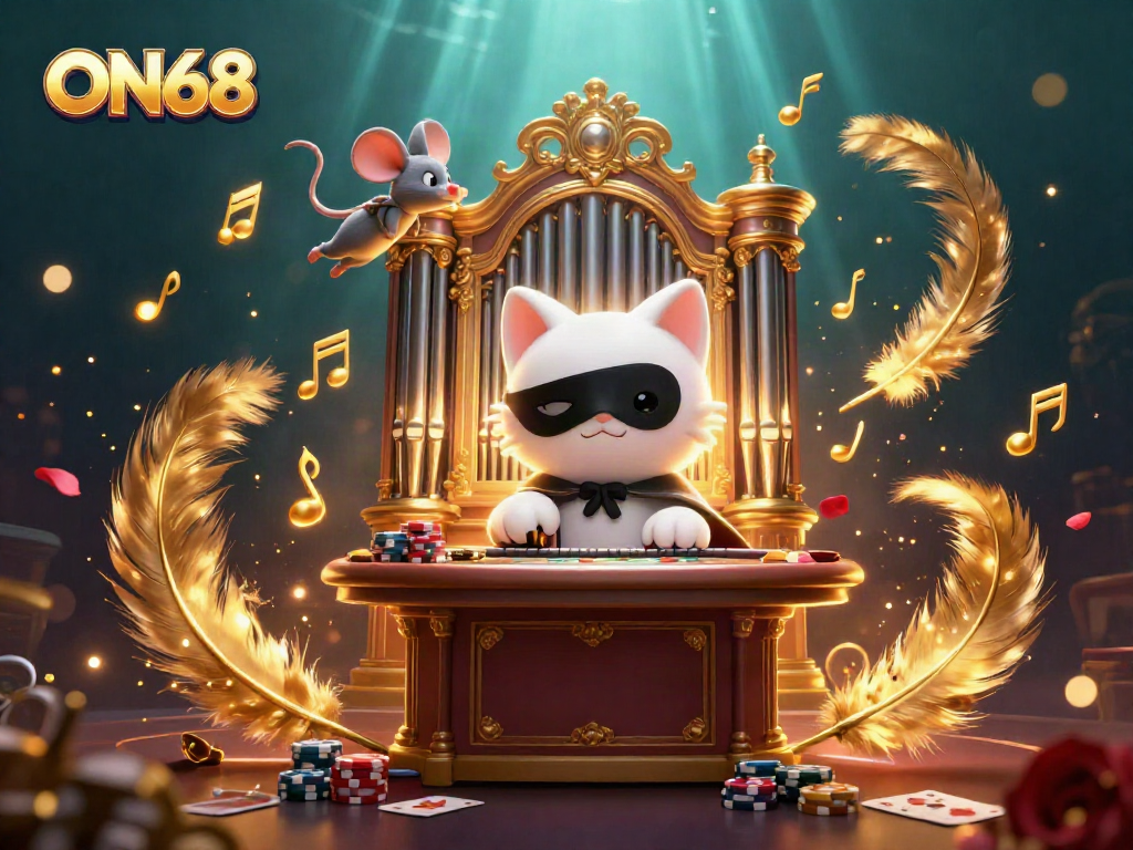 Engage with ON68 in a vibrant poker scene featuring playful characters and dynamic casino action.