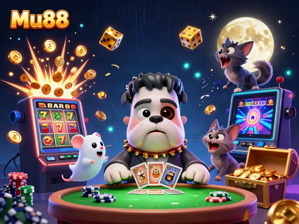 Engage with Mu88's thrilling gaming experience with a spooky casino scene featuring vibrant characters and exciting game elements.