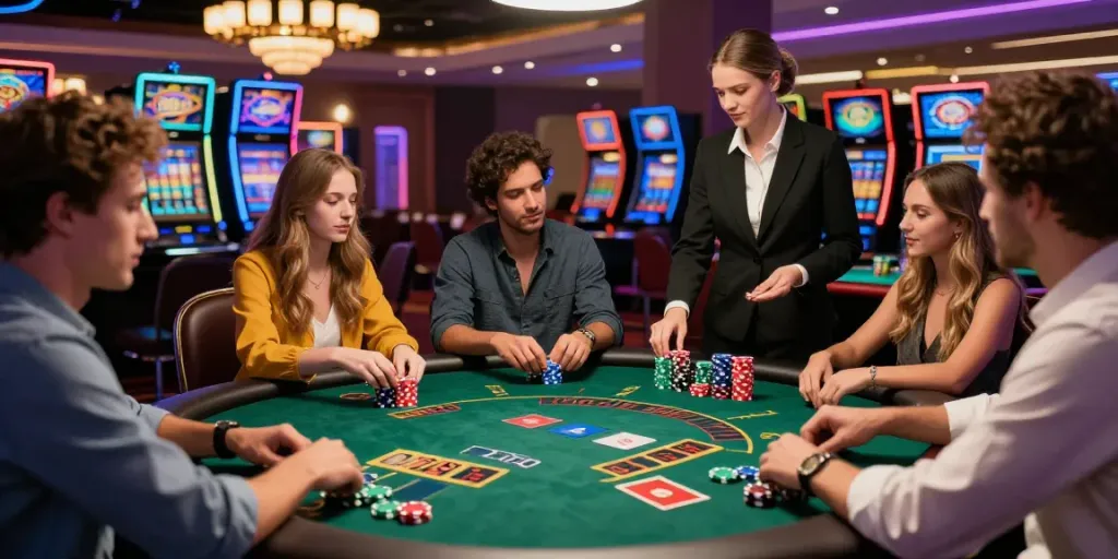 Friends enjoying blackjack en ligne at a lively casino table with colorful chips.