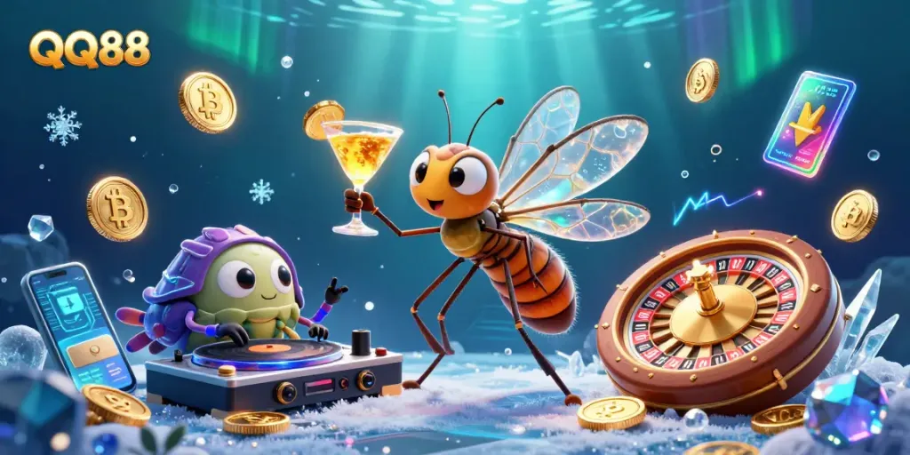 Engage with QQ88's thrilling casino experience amidst vibrant animated characters and crypto-themed elements.