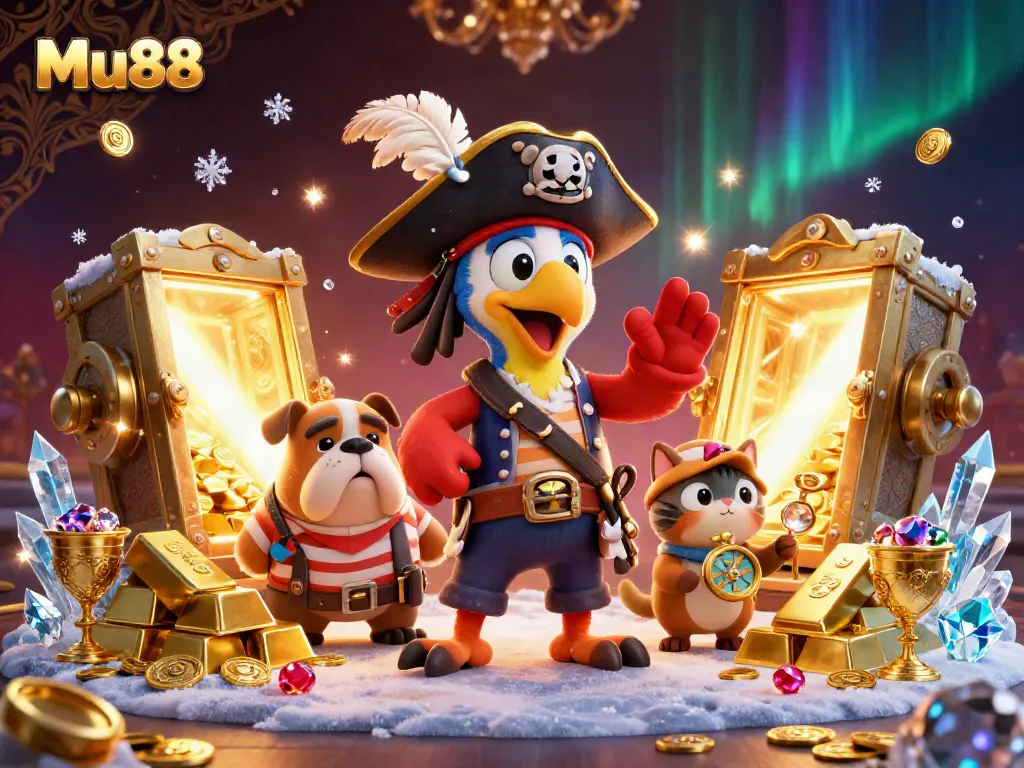 Experience Mu88’s thrilling gaming world with a cartoon pirate captain and friends surrounded by treasures.