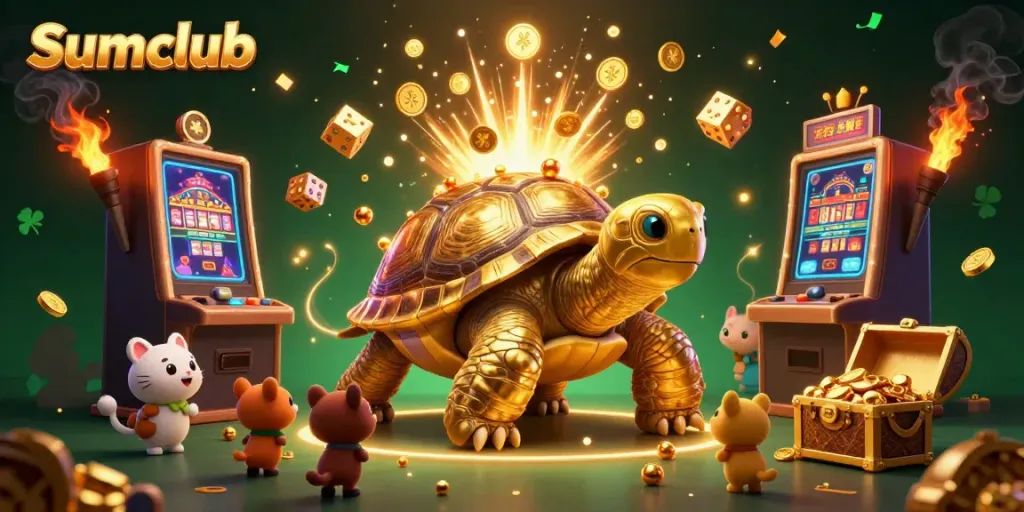 Excited animals play around the golden tortoise pinball machine at Sumclub casino.