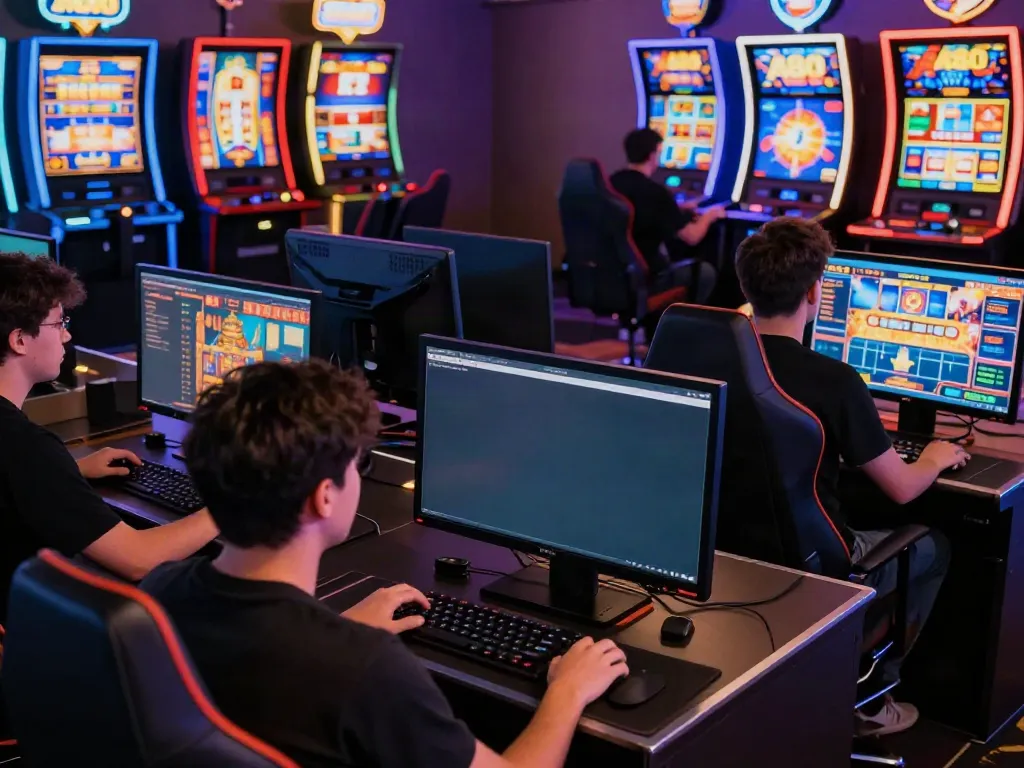 Players enjoying A80 online casino games in a dynamic gaming setup surrounded by colorful slot machines.
