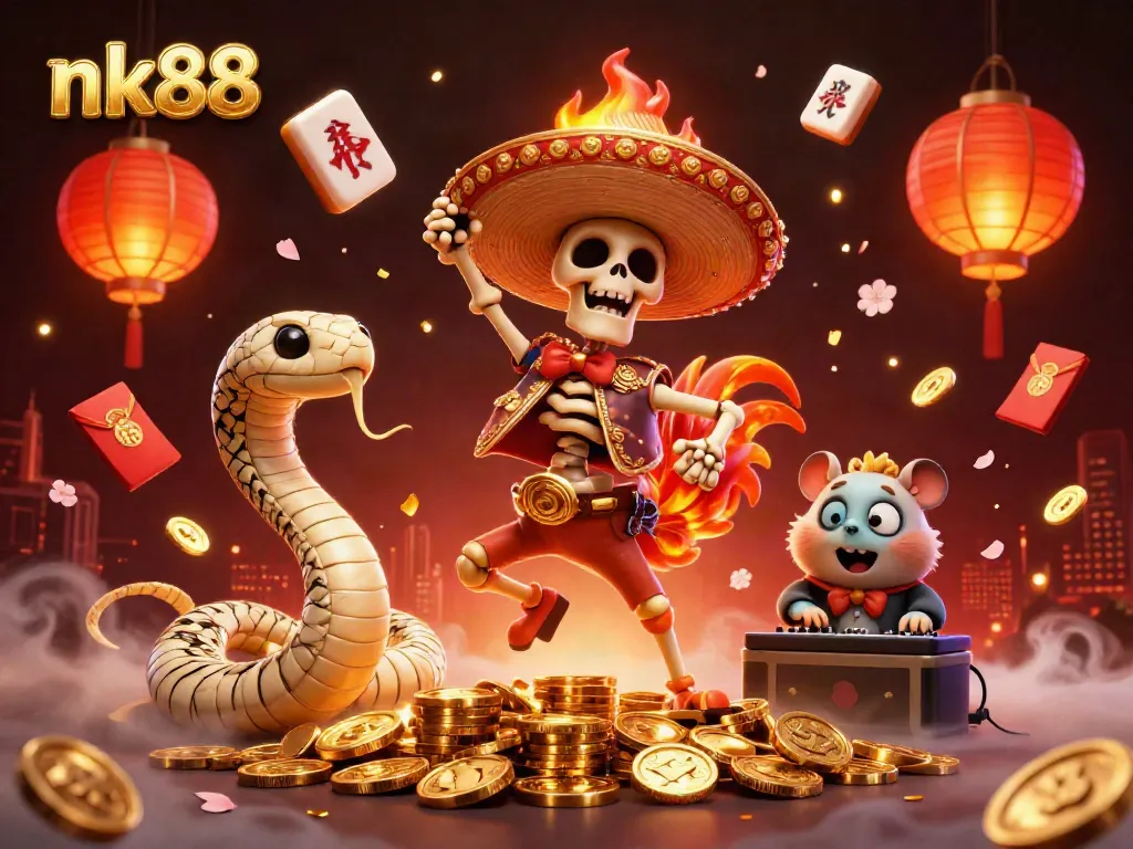 Join the celebration of nk88 with dynamic characters dancing among golden coins and festive elements.