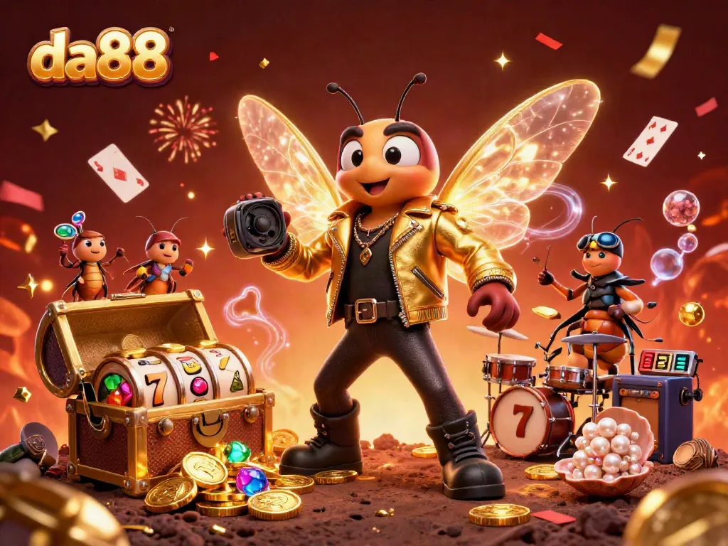 Join the da88 party with a vibrant illustration of a cicada rock star amidst casino excitement, featuring slot reels and confetti.