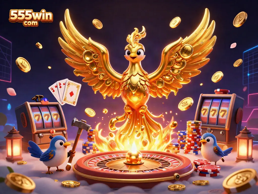 Experience outstanding gaming thrills at 555win com with this vibrant 3D casino scene featuring golden phoenix and dynamic games.
