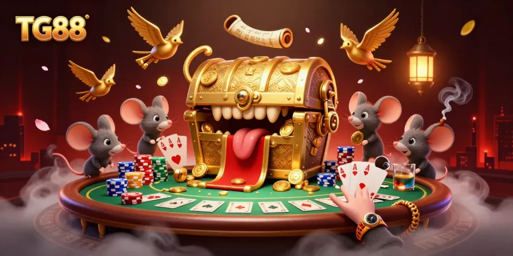 Experience the excitement of TG88 with a golden treasure chest and vibrant poker scene