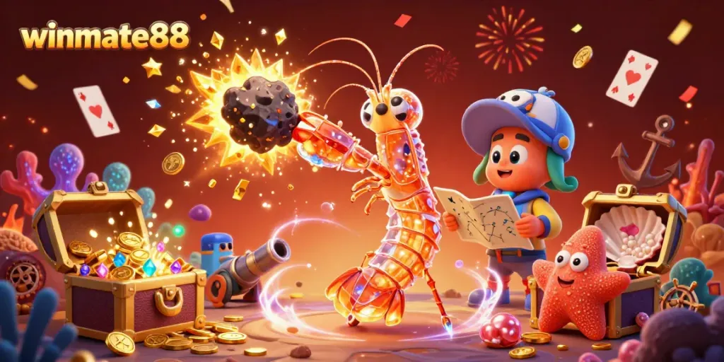 Winmate88 features a vibrant underwater scene with a cartoon mantis shrimp and starfish celebrating wins with gems and coins.