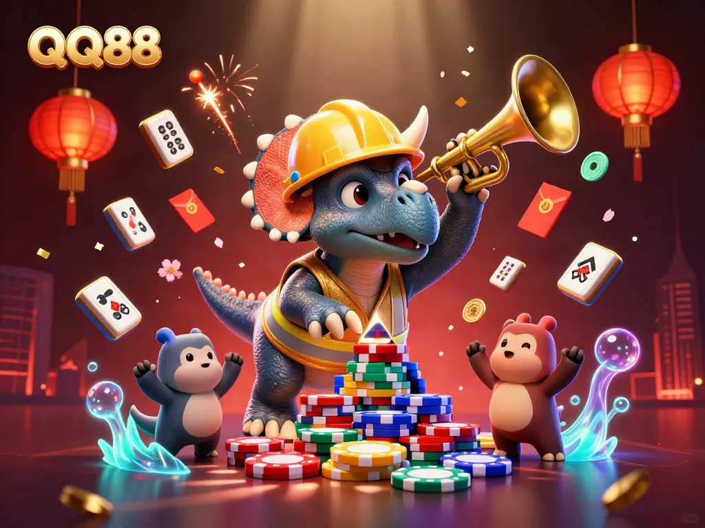 Experience QQ88 gaming excitement with a vibrant scene of casino-themed dinosaurs building poker chip towers.
