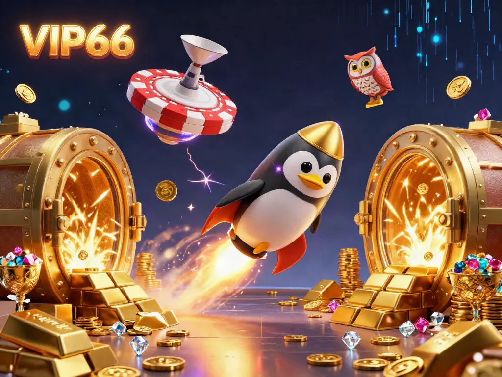 Experience the excitement of VIP66 with a golden penguin and poker chip space station in a vibrant casino scene.