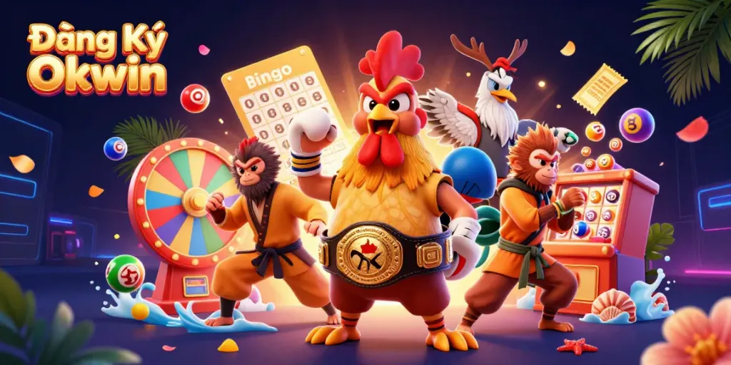 Engage in action with Đăng Ký Okwin: a vibrant scene featuring lottery balls, a prize wheel, and dynamic characters.