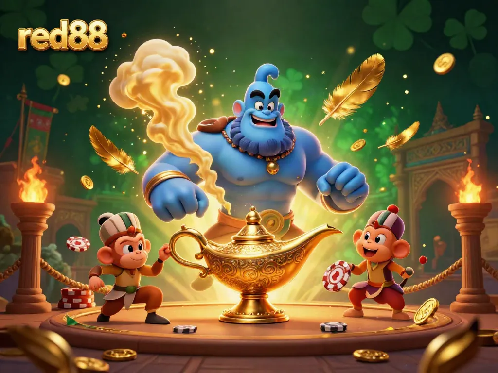 Win big with red88 exploring a vibrant casino scene featuring a genie and poker elements.
