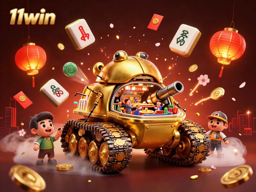 Join the excitement at 11win with this vibrant scene of a golden tank casino showcasing thrilling games and activities.