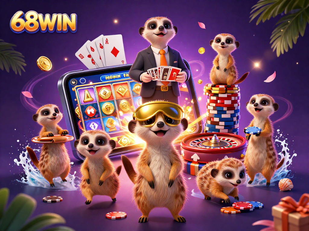 Experience the excitement at 68WIN with meerkats operating a vibrant casino, showcasing dynamic games and vivid decorations.