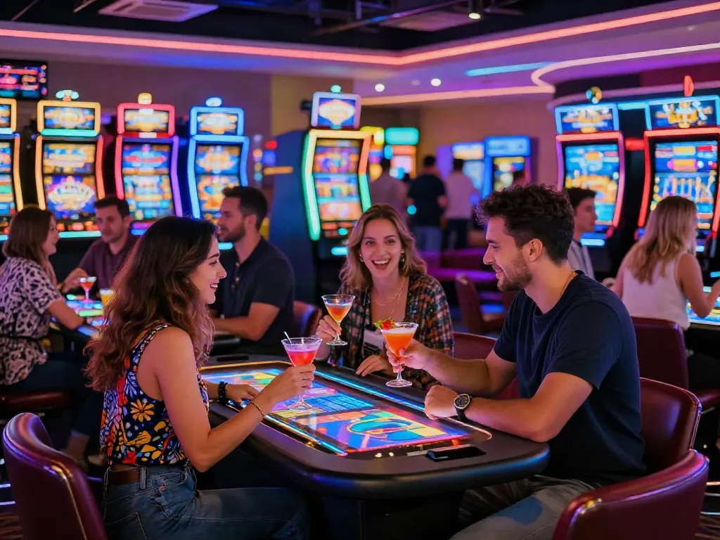 Dynamic DiscoWin casino scene with players enjoying games and colorful neon lights.