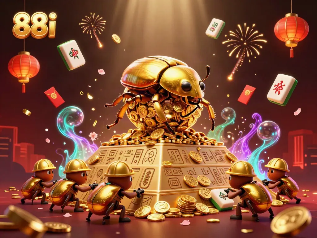 Experience 88i's vibrant gaming world with a massive golden dung beetle amidst coins and festive symbols.