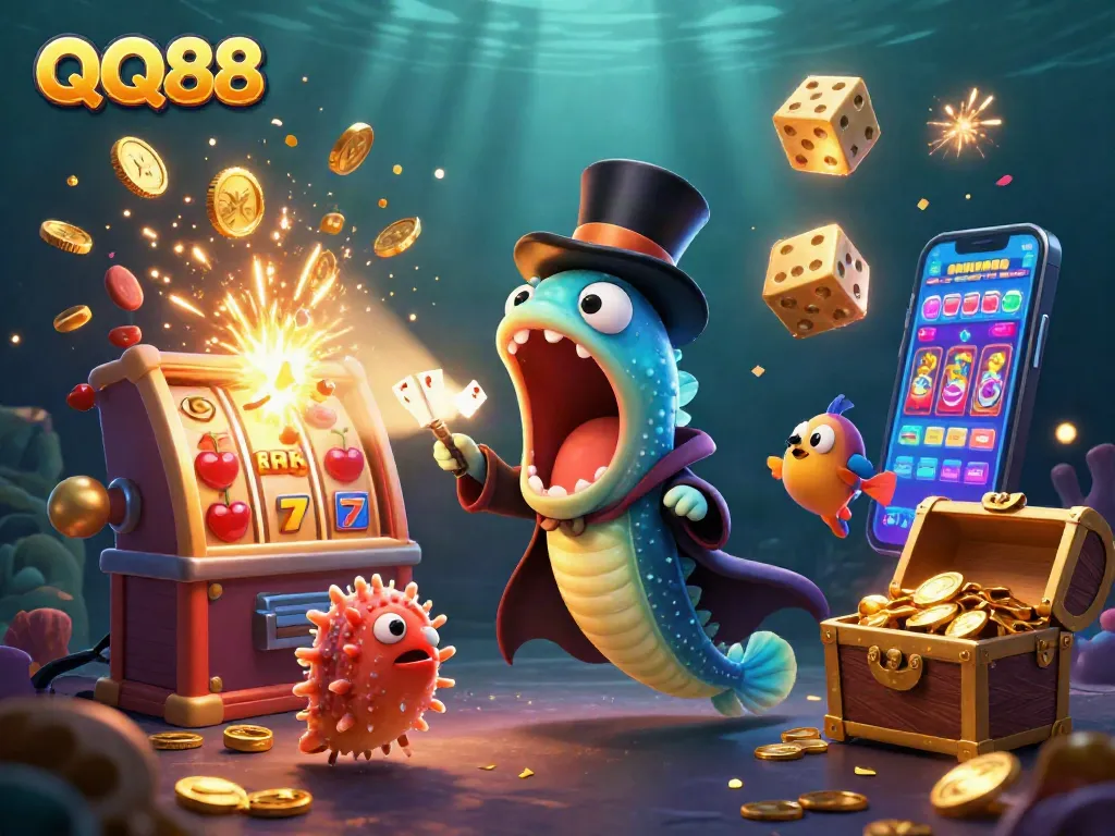 Engaging QQ88 illustration featuring a magical deep-sea scene with casino-themed characters and elements.