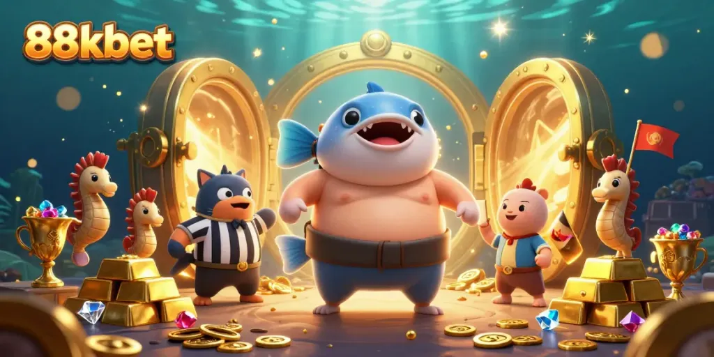 Experience the thrill of 88kbet with vibrant underwater casino elements, featuring a blowfish in a sumo match.