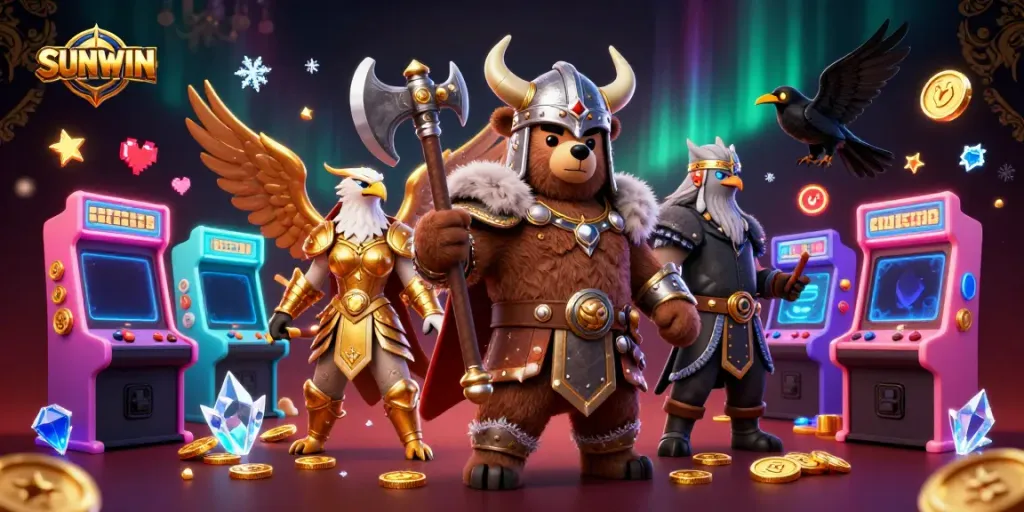 SUNWIN features a Viking bear and Valkyrie eagle with gaming machines in a vibrant casino atmosphere.