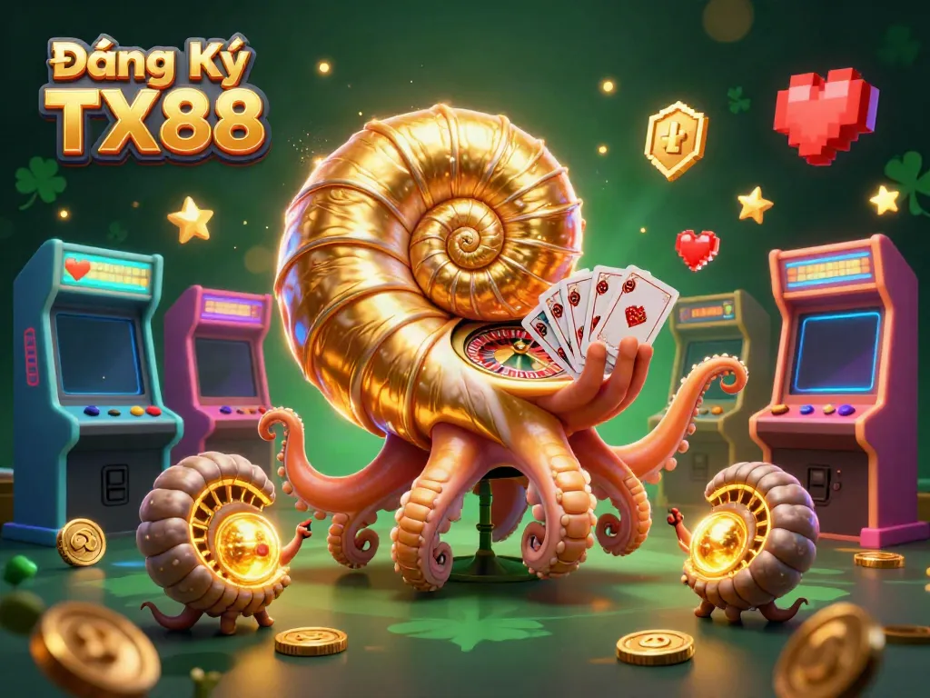 Join the excitement with Đăng Ký TX88, featuring a giant nautilus, roulette, and gaming elements.