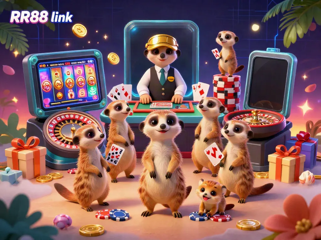 Engage with RR88 link in an imaginative casino scene featuring meerkats running the operation with exciting game elements.