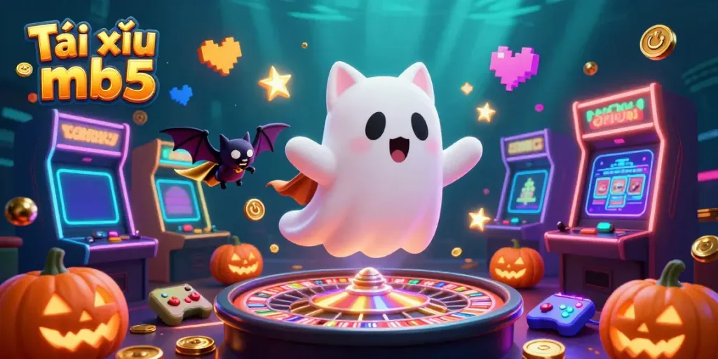 Engage with Tài xỉu mb5 in a vibrant casino scene featuring a friendly ghost cat and a vampire bat.