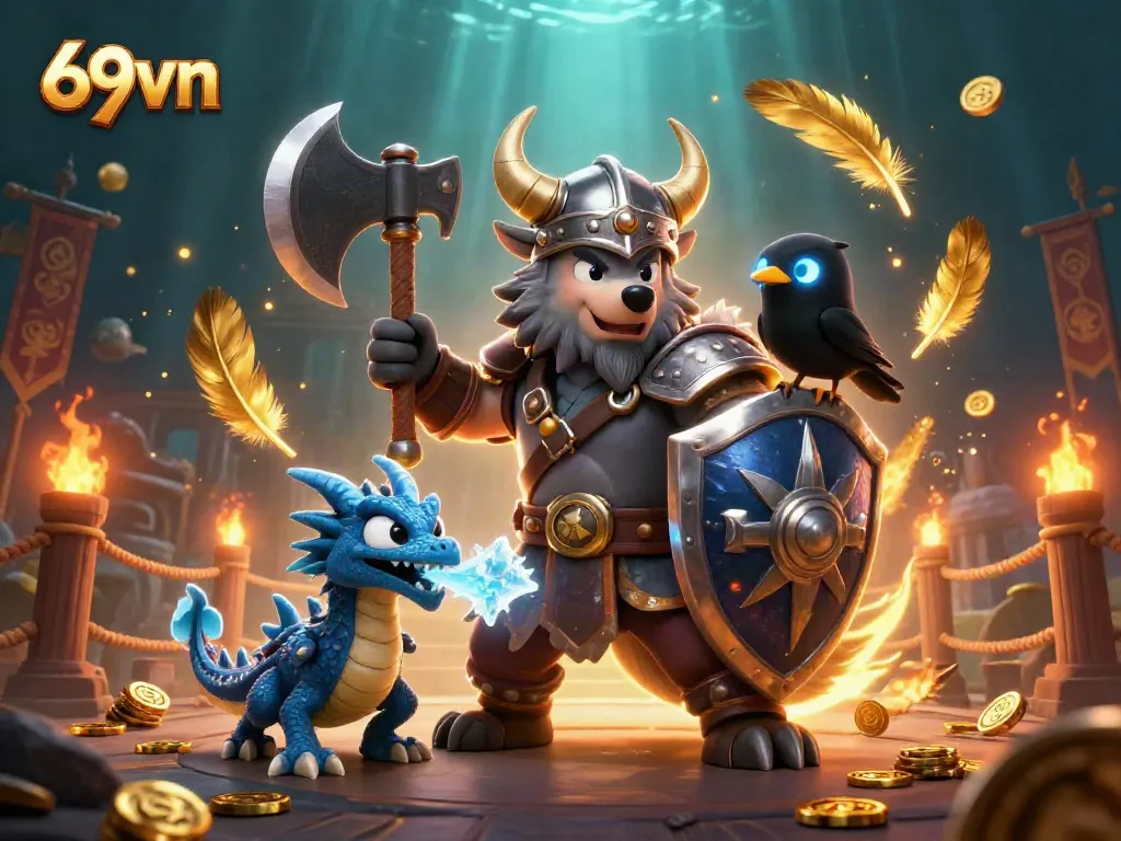Bets fly as players dive into excitement at 69vn's vibrant casino atmosphere with dragons, wolves, and coins.
