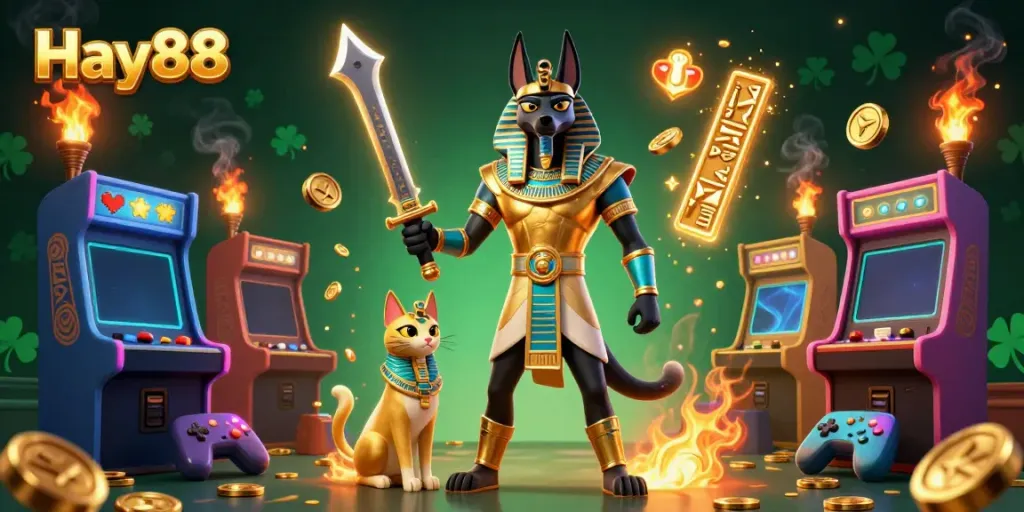 Experience the thrilling casino adventure at Hay88 with Anubis and Bastet surrounded by vibrant gaming elements.