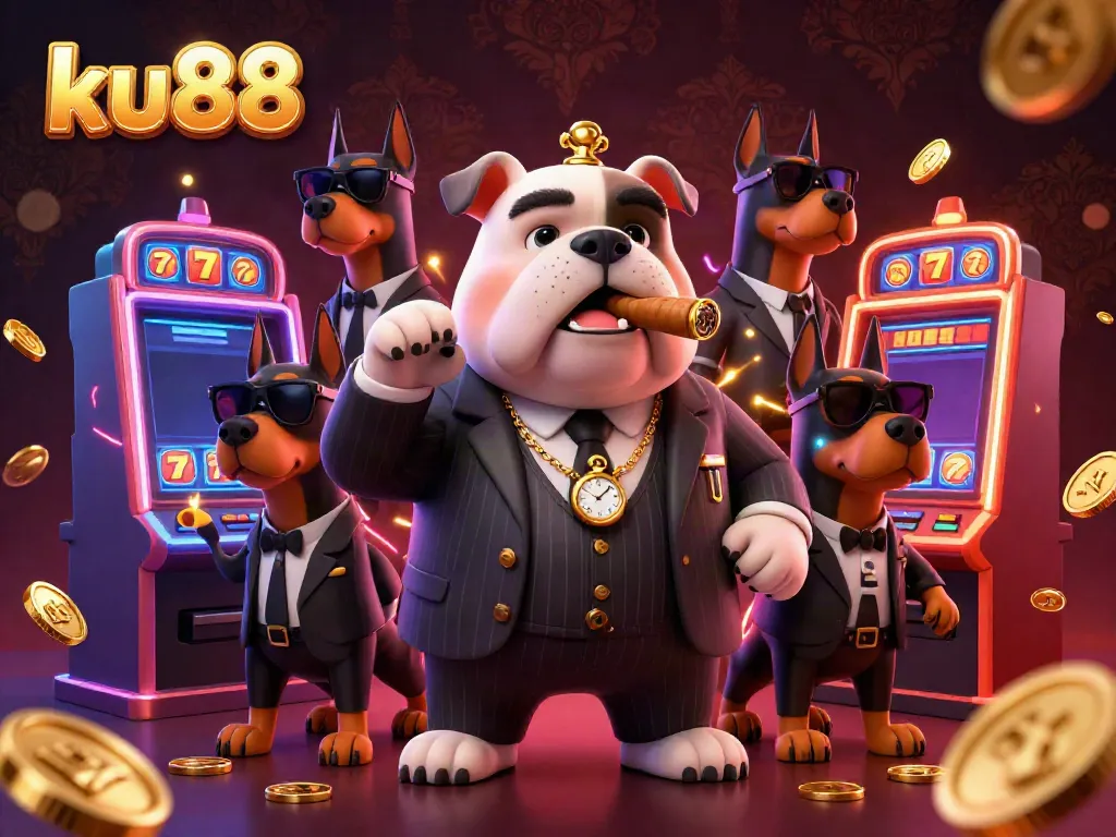 Experience the thrill of ku88 as the mafia bulldog oversees a dynamic slot machine scene.