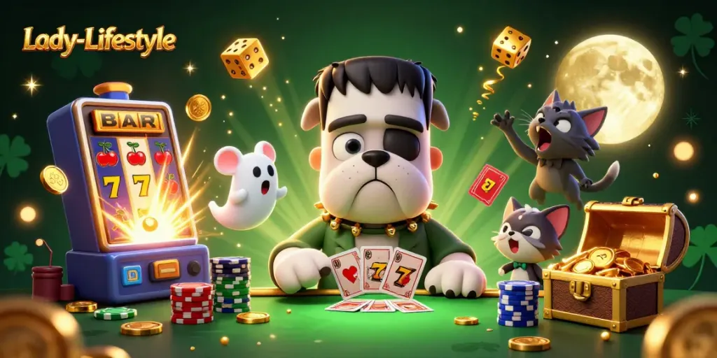 Lady-Lifestyle zeigt einen fröhlichen Frankenstein Bulldog, der an einem Tisch Poker spielt, umgeben von Casino-Elementen.