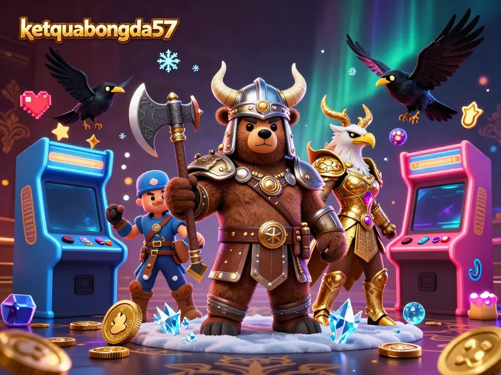 Experience intense gameplay with ketquabongda57's dynamic Viking and Valkyrie scene showcasing vibrant casino elements.