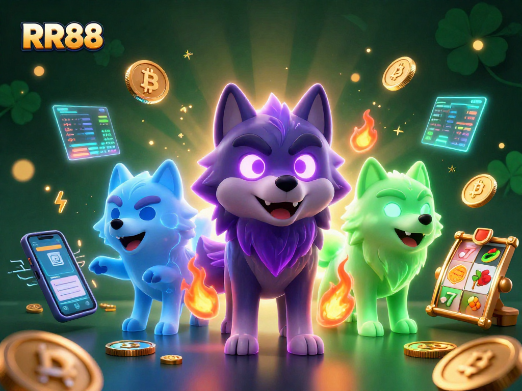 Experience RR88's dynamic gaming environment with wolf characters and crypto-themed elements.