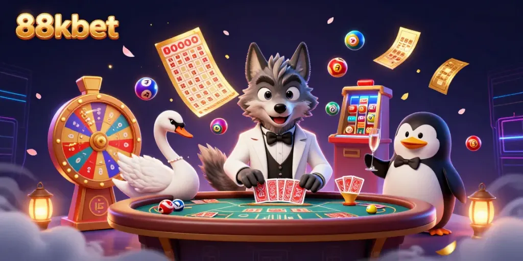 Engage with the vibrant casino scene of 88kbet featuring a debonair wolf, elegant swan, and sophisticated penguin.