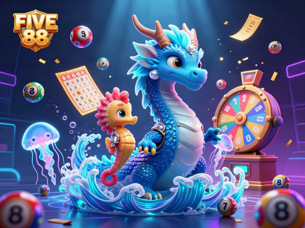 Experience thrilling gameplay with FIVE 88's vibrant casino illustration featuring dynamic elements and fantasy creatures.