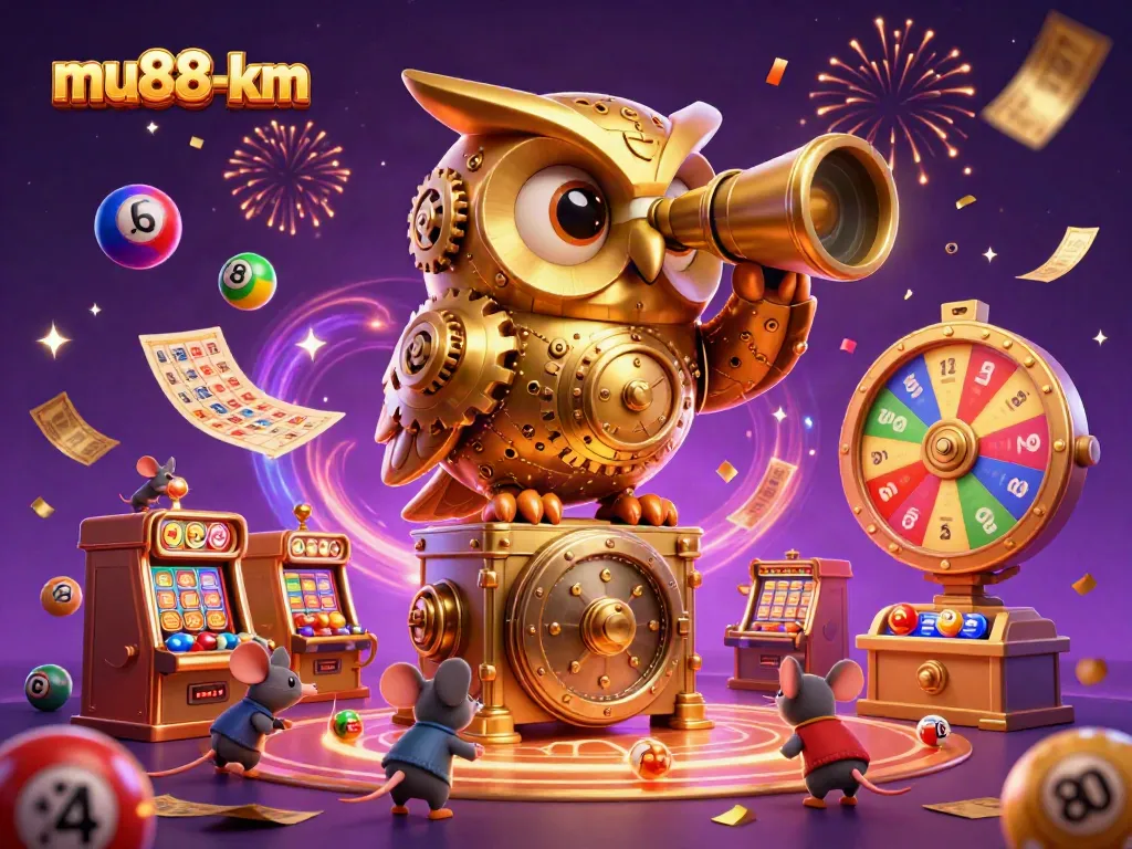 Experience vibrant gaming action at mu88-km with golden owl and lively lottery elements.