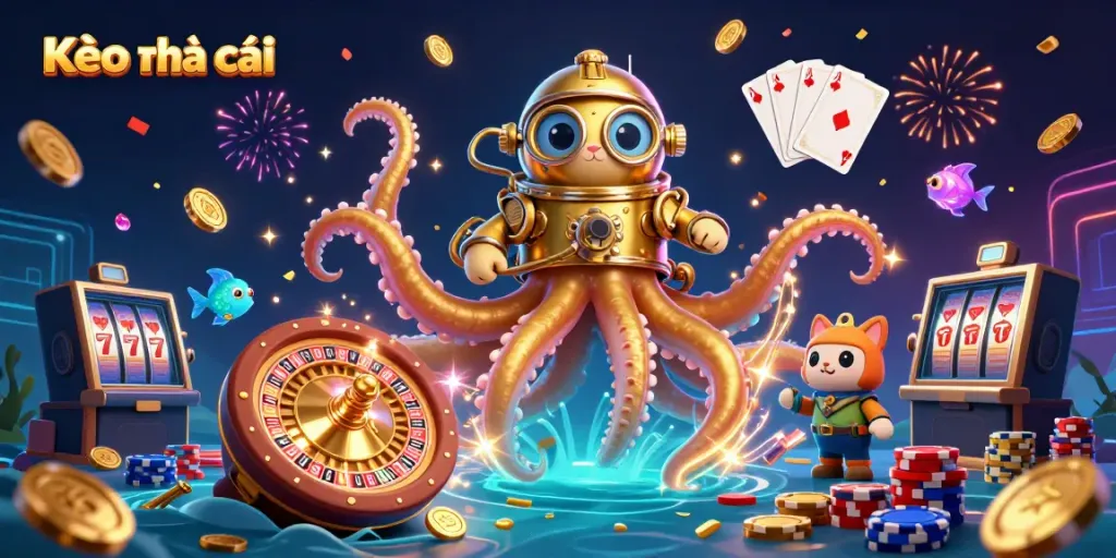 Kèo nhà cái showcases a colorful 3D scene featuring a kraken, diving cat, and deep-sea fish among casino elements.