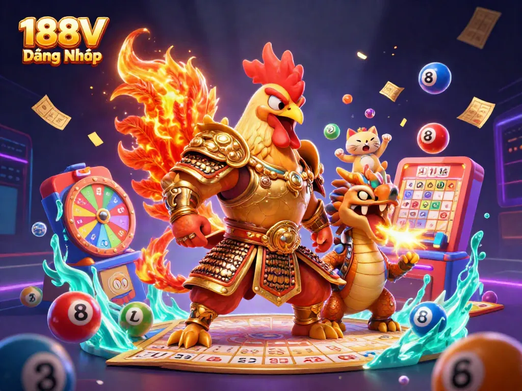 Engage in the excitement of 188V Đăng Nhập with a powerful rooster warrior and dragon hatchling amidst vibrant casino elements.