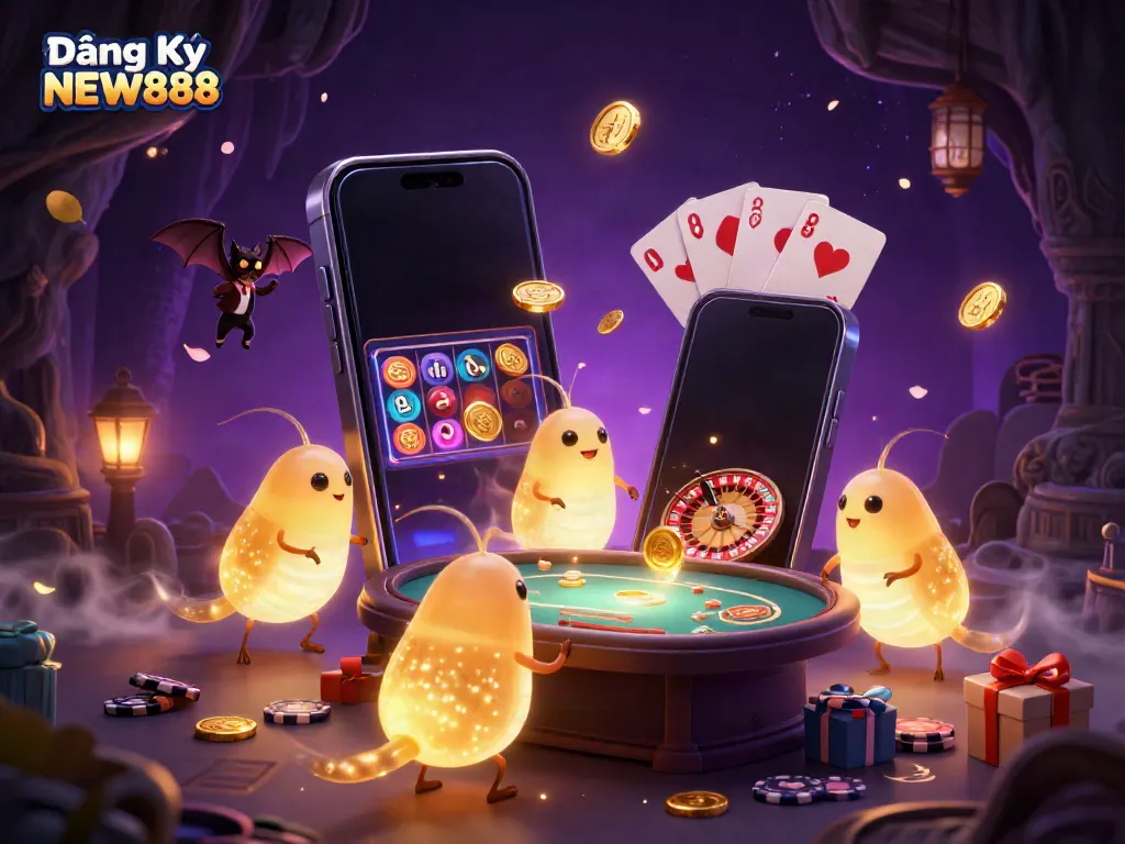 Engage with Đăng Ký NEW888 through the vibrant glow of a cave-style casino, featuring charming glowworms and gaming icons.